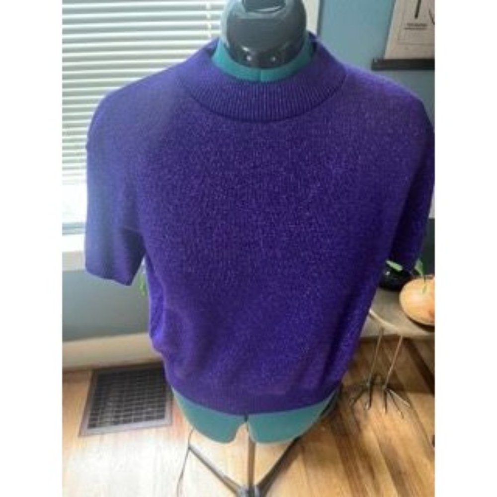 Vintage 80s Purple Glitter Pullover Short-Sleeve Stretchy Sparkly Sweater